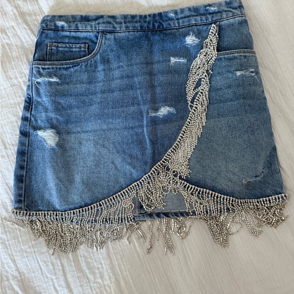 Blank NYC Blue Silver Embellished Wrap Mini Skirt